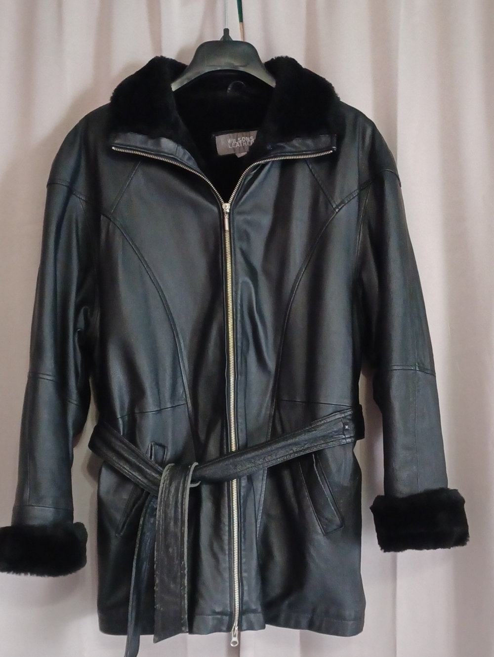 Wilson's Leather Vintage Y2K Black Penny Lane Faux Fur Belted Trench Jacket Sz M